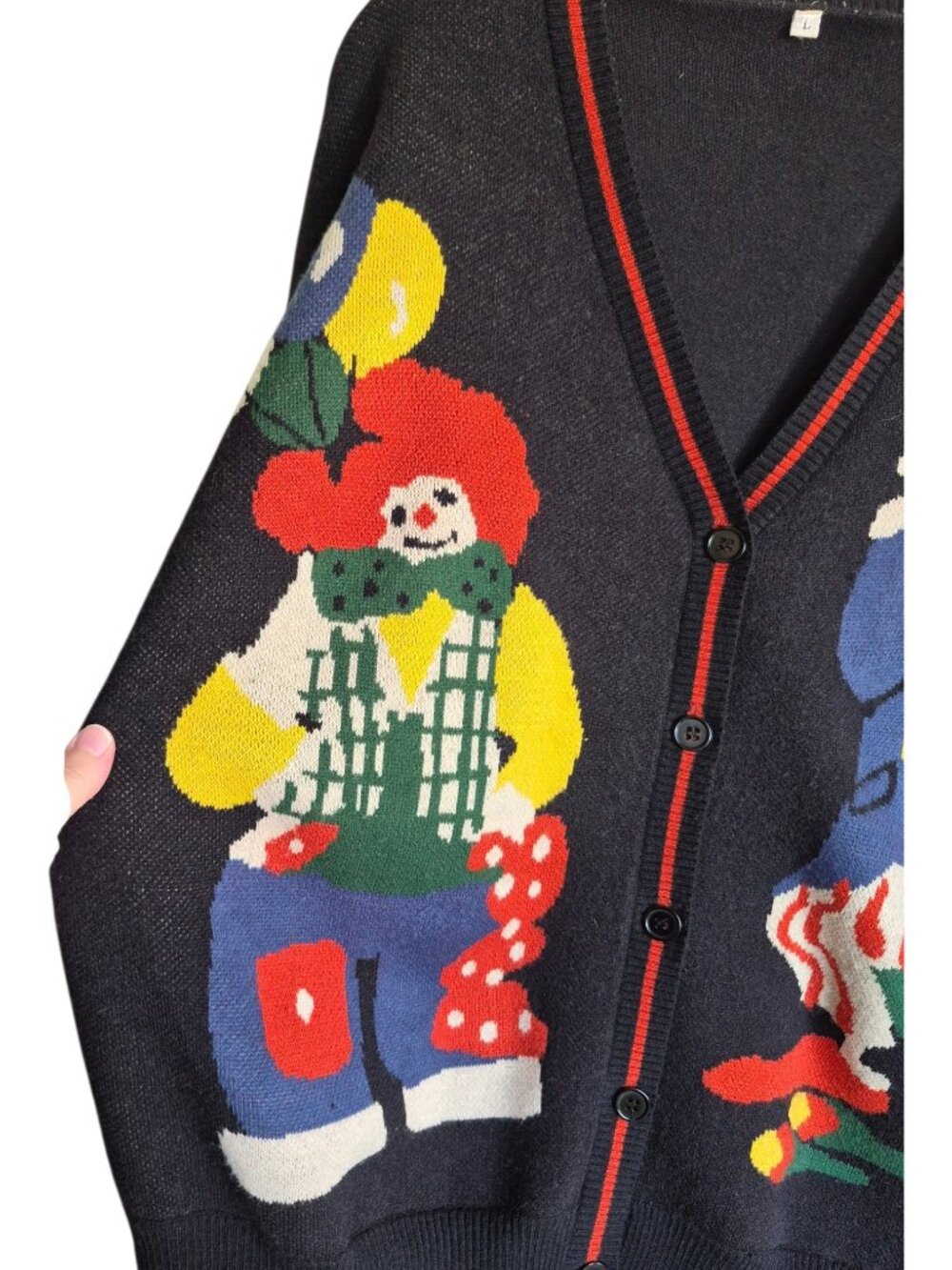 Clown Cardigan Sweater Size L Black Circus Novelty Oversized Retro Clowncore Art - Picture 6 of 14